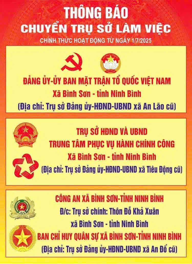 TB trụ sở làm việc của Đảng uỷ, HĐND-UBND và các cơ quan xã Bình Sơn từ ngày 01/7/2025