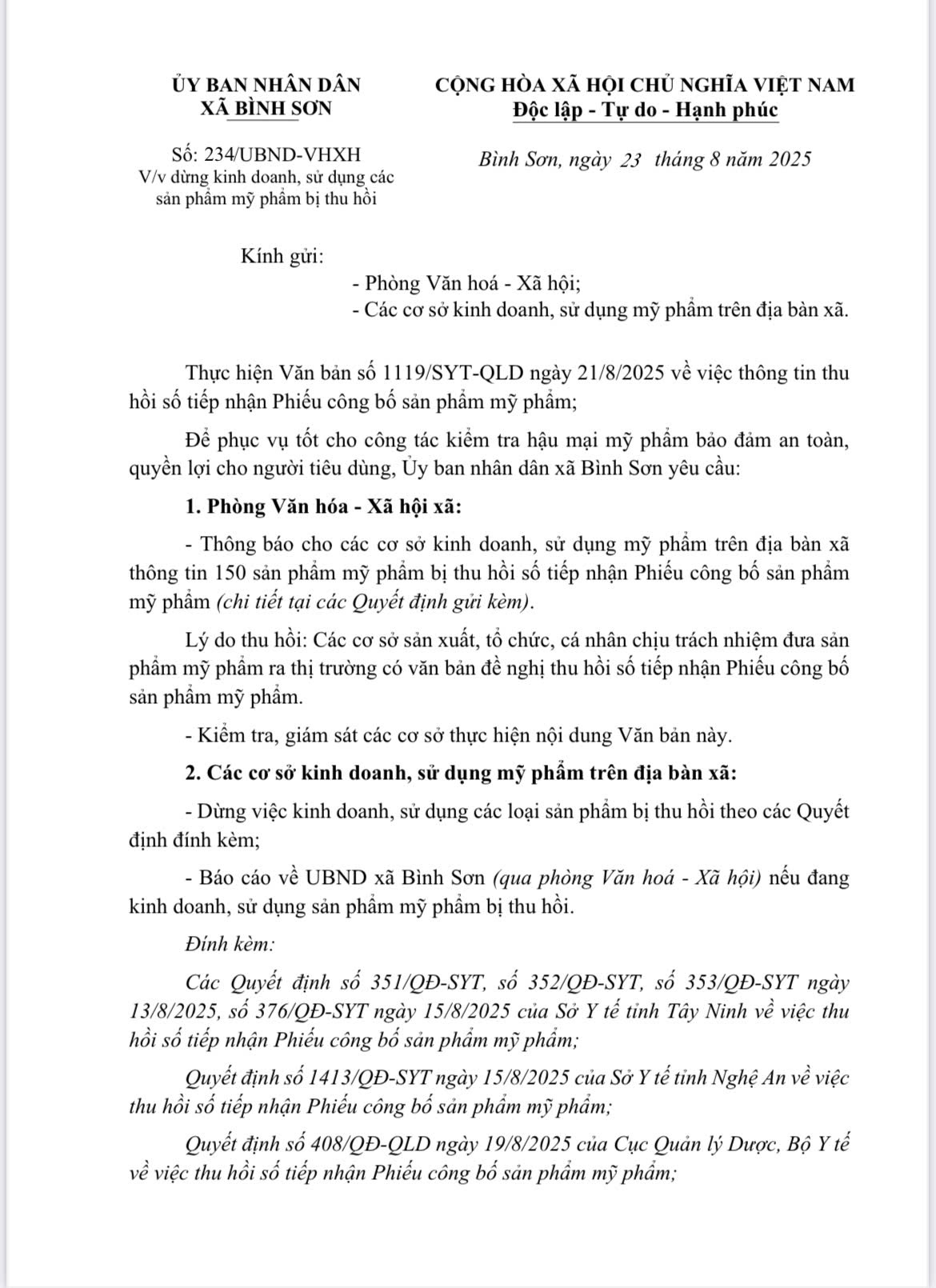 TB về việc dừng kinh doanh, sử dụng các sản phẩm mỹ phẩm bị thu hồi